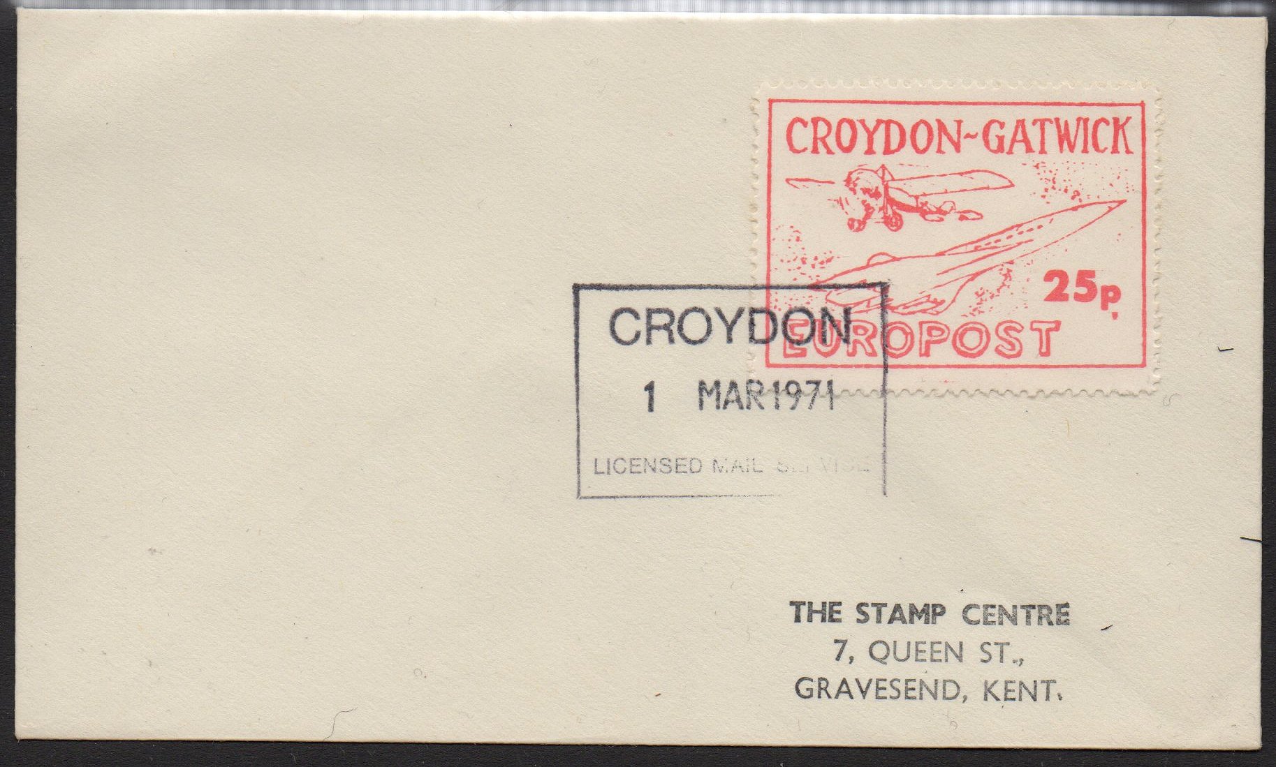 1971 Croydon Gatwick Strike Post 25p philatelic cover March 1 1971 to Gravesend.